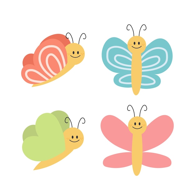 caricatura, mariposa, lindo, sonriente, carácter, para, infantil, diseño, vector