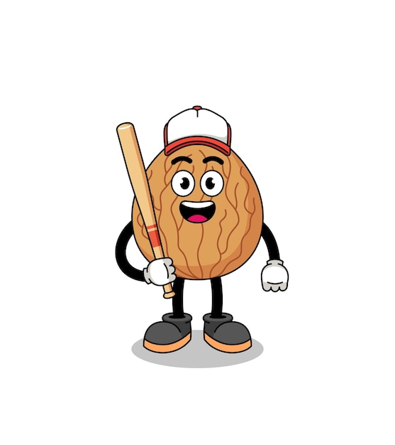 Caricatura de mascota de almendras como diseño de personajes de un jugador de béisbol