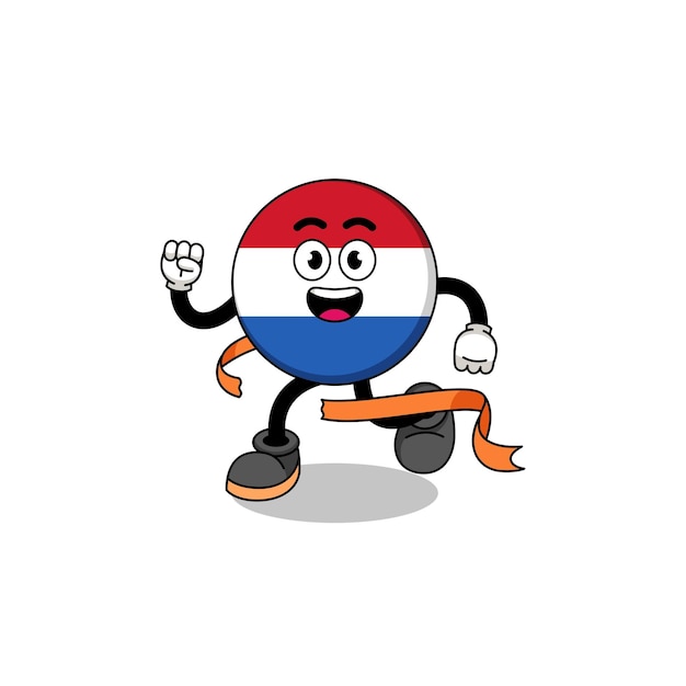 Caricatura de la mascota de la bandera holandesa corriendo en la línea de meta