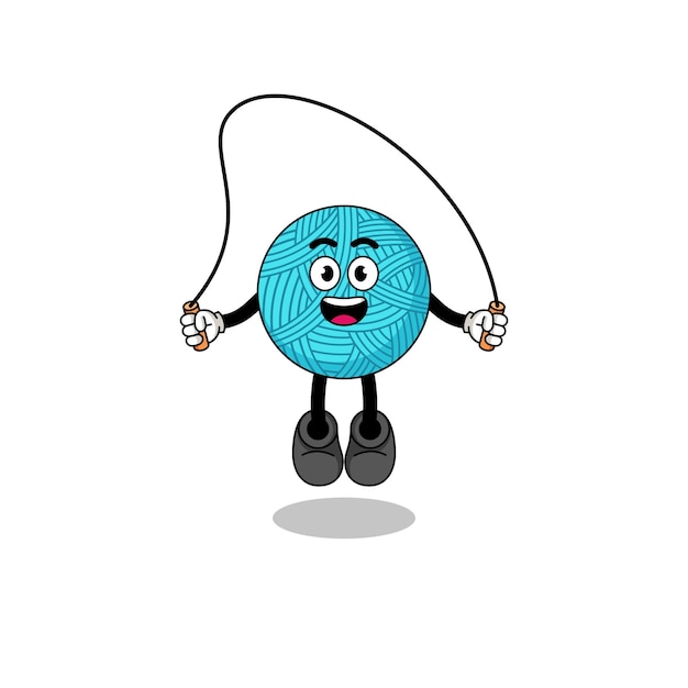 La caricatura de la mascota de la bola de hilo está jugando al diseño de personajes de la cuerda de saltar