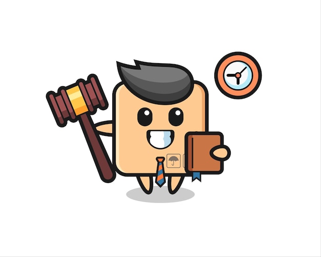 Caricatura de mascota de caja de cartón como juez, diseño de estilo lindo para camiseta, pegatina, elemento de logotipo