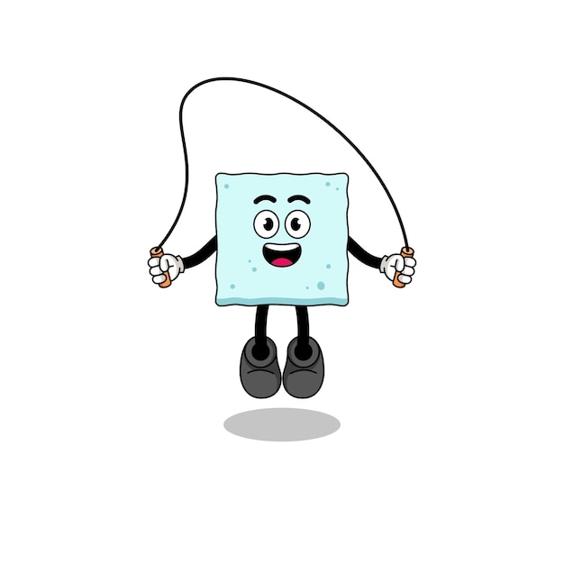 La caricatura de la mascota del cubo de azúcar está jugando al diseño de personajes de la cuerda de saltar