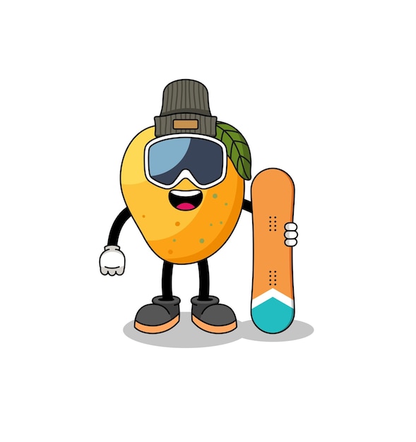 Caricatura de mascota de diseño de personaje de jugador de snowboard de fruta de mango