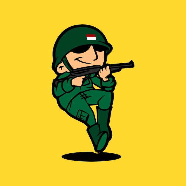 Caricatura de la mascota del ejército retro sosteniendo un arma mientras salta Celebración del Día de la Independencia de Indonesia