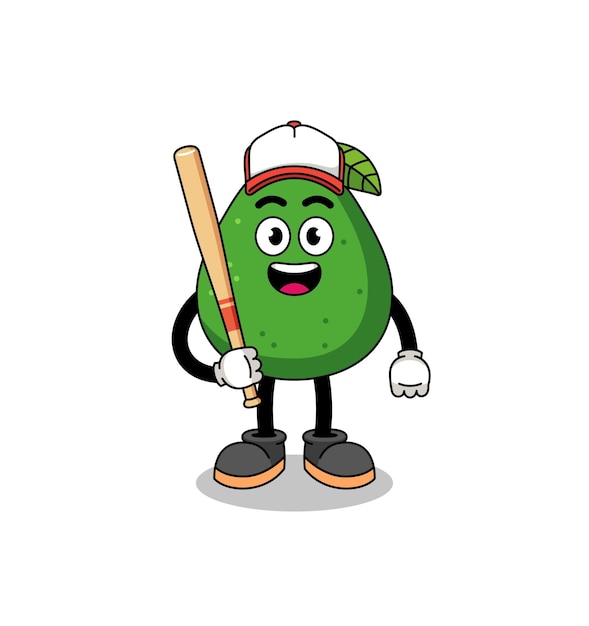 Caricatura de la mascota de la fruta del aguacate como diseño de personajes de un jugador de béisbol