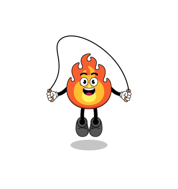La caricatura de la mascota del fuego está jugando a saltar la cuerda