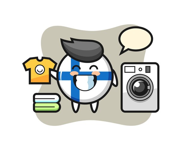 Caricatura de la mascota de la insignia de la bandera de finlandia con lavadora, diseño de estilo lindo para camiseta, pegatina, elemento de logotipo