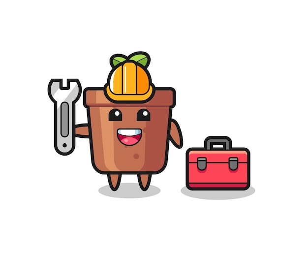 Caricatura de mascota de maceta como mecánico, diseño de estilo lindo para camiseta, pegatina, elemento de logotipo