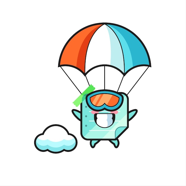 La caricatura de la mascota de notas adhesivas es paracaidismo con gesto feliz