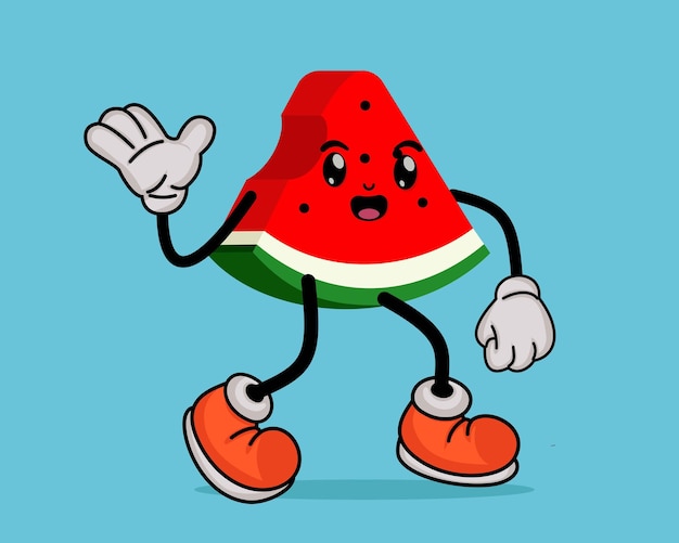 Caricatura de la mascota de la sandía en estilo de dibujos animados planos o concepto de verano tropical de frutas