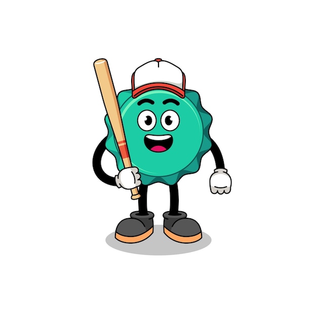 Caricatura de la mascota de la tapa de la botella como jugador de béisbol