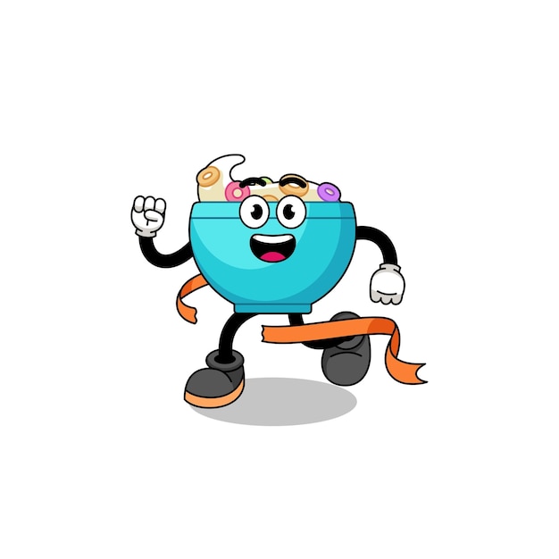 Caricatura de mascota de tazón de cereal corriendo en la línea de meta