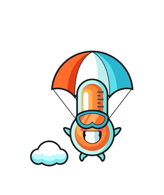 La caricatura de la mascota del termómetro es paracaidismo con gesto feliz