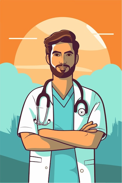 Vector una caricatura de un médico con un estetoscopio en el cuello.