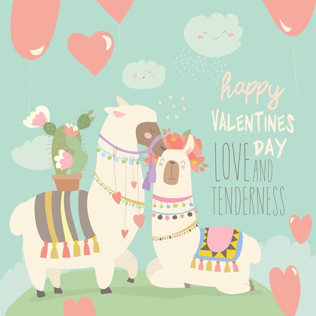 Caricatura mexicana llama alpaca blanca pareja con globos de corazones feliz día de San Valentín