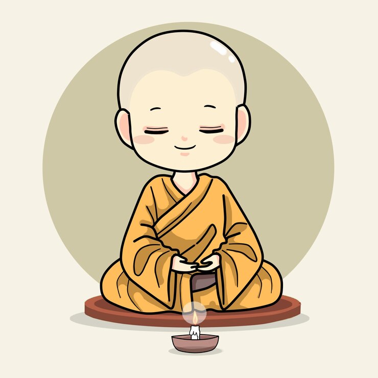 Vector una caricatura de un monje sentado en círculo con la palabra buddha en el frente.