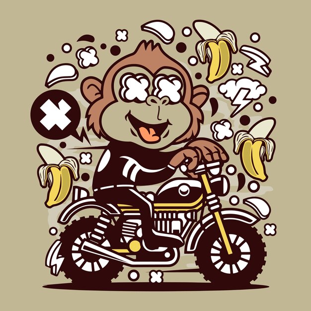 una caricatura de un mono en una motocicleta con plátanos y un letrero que dice mono en él