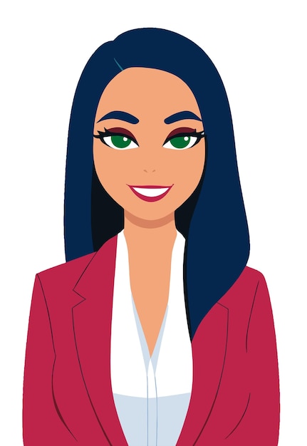 Una caricatura de una mujer con un blazer rojo y ojos verdes.