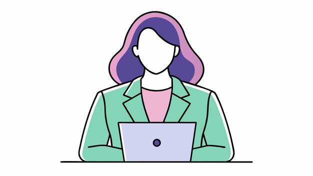 una caricatura de una mujer con cabello púrpura y una computadora portátil