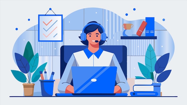 una caricatura de una mujer con una camisa azul y una computadora portátil delante de él