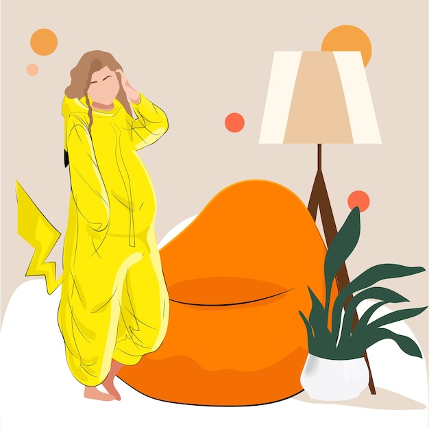 Una caricatura de una mujer embarazada vestida de amarillo parada frente a una silla naranja
