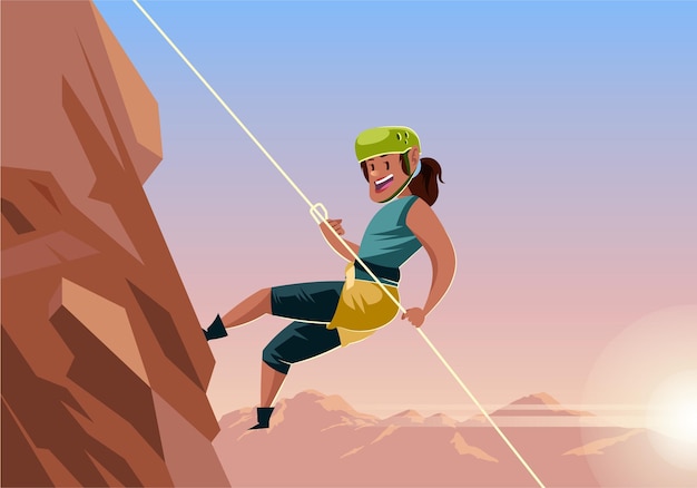 Vector una caricatura de una mujer escalando una montaña.