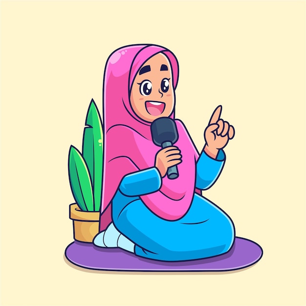 Caricatura de una mujer con hijab dando una conferencia