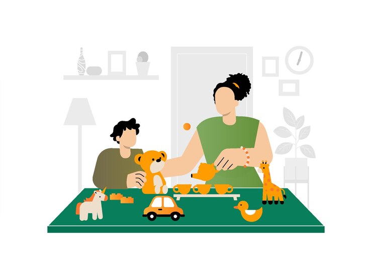 Una caricatura de una mujer jugando con un perro y un niño jugando con juguetes.