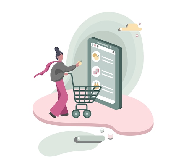 Caricatura, mujer morena sin rostro, toma compras desde la aplicación móvil, personas que compran comida y ropa en línea, color, gráfico 2d, vector, plano, estilo, ilustración, blanco, plano de fondo