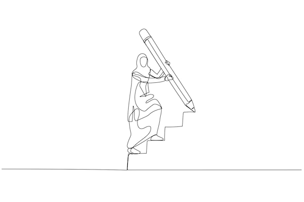 Caricatura de mujer musulmana usa una enorme escalera de dibujo a lápiz subiendo la escalera concepto de desarrollo de negocios Arte de línea continua única