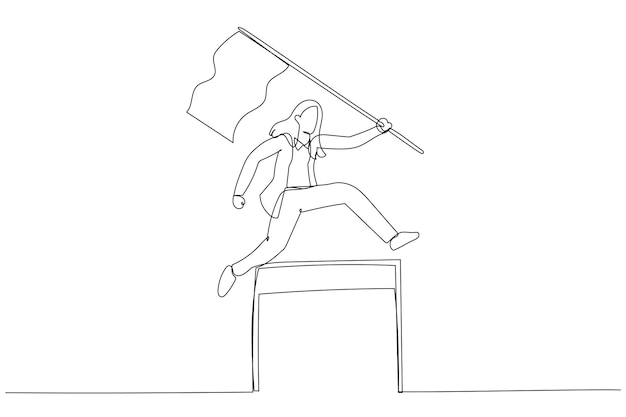 Caricatura de mujer de negocios compitiendo en carrera sosteniendo una bandera de líder saltando sobre el concepto de obstáculo de determinación Estilo de arte de línea continua única