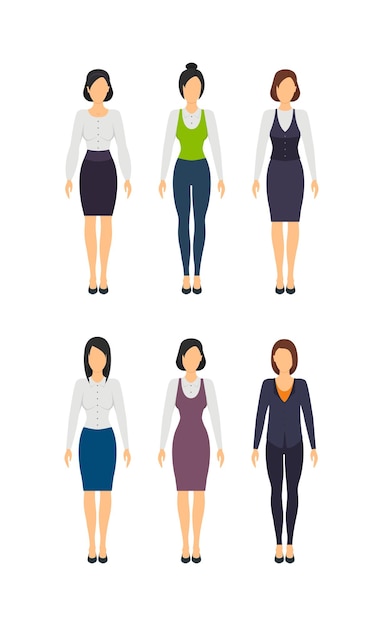 Vector caricatura, mujer de negocios, conjunto, personal, vestido, estilo, vector