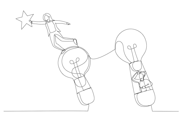 Caricatura de mujer de negocios en globos aerostáticos volando hacia la estrella Estilo de arte de una sola línea