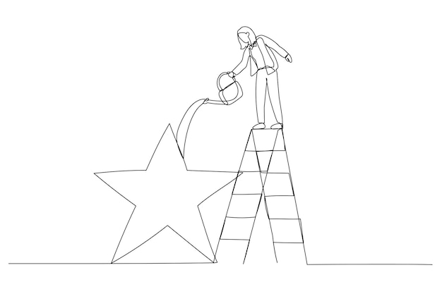 Caricatura de mujer de negocios llena el precio de la estrella dorada Metáfora de la ambición Estilo de arte de una sola línea