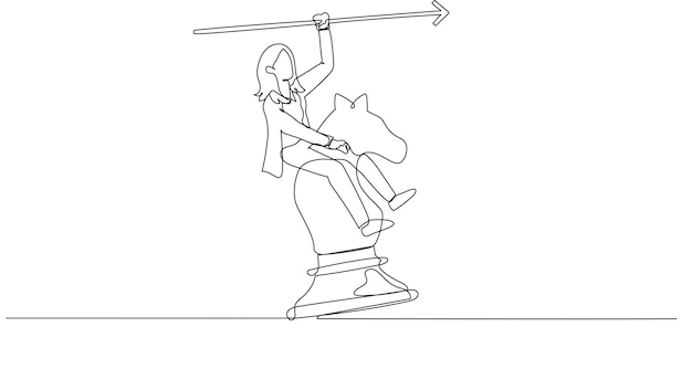 Caricatura de una mujer de negocios montando una metáfora de un caballo de ajedrez para la estrategia y la lucha empresarial Un estilo de arte de línea continua