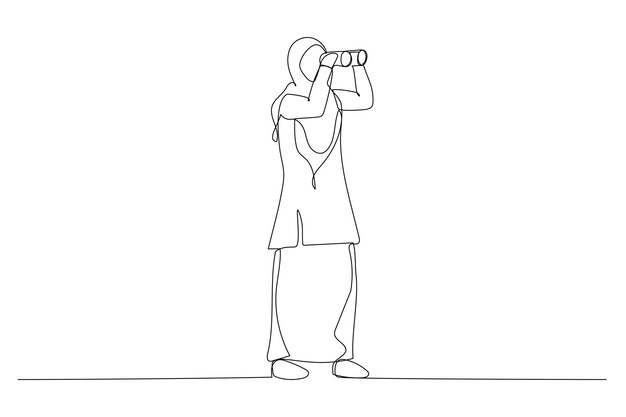 Caricatura de mujer de negocios musulmana mirando a través de binocular Dirección de carrera o concepto de logro laboral Arte de línea continua