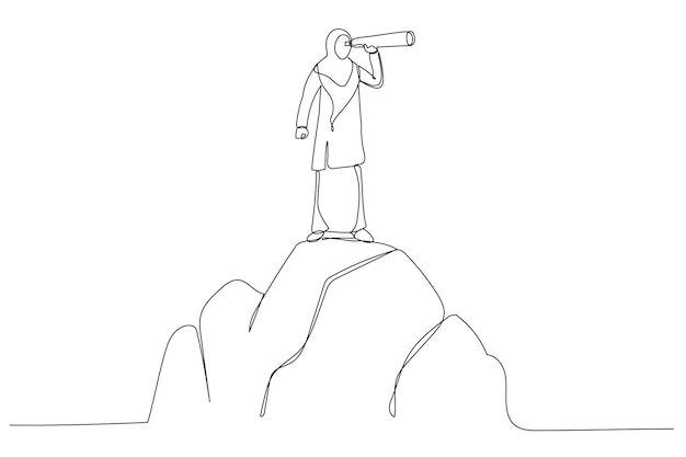 Caricatura de mujer de negocios musulmana de pie en la cima de la montaña Buscando el éxito Liderazgo en finanzas empresariales Empresa Inicio Estilo de arte de línea continua única