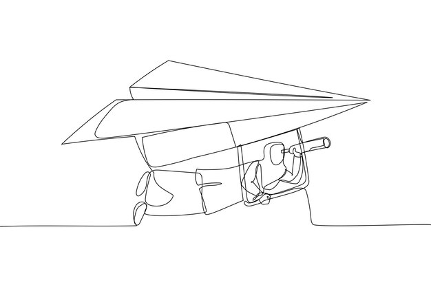 Caricatura de mujer de negocios musulmana volando origami de avión de papel como planeador con telescopio para ver el futuro Pronóstico futuro o descubrir una nueva idea y concepto de inspiración Estilo de arte de línea continua única
