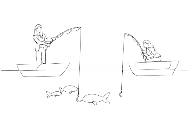 Caricatura de mujer de negocios obtiene el concepto de ballena de peces grandes de capturar grandes ganancias Estilo de arte de una sola línea