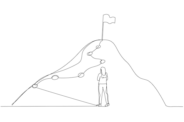 Caricatura de mujer de negocios siguiendo las líneas que conducen a la cima del éxito Estilo de arte de una sola línea