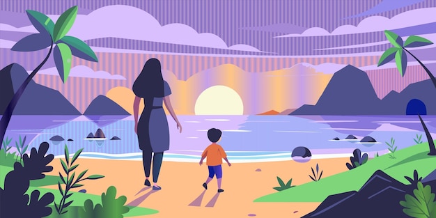 una caricatura de una mujer y un niño en una playa