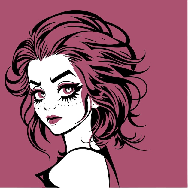 Una caricatura de una mujer con ojos morados y fondo rosa.