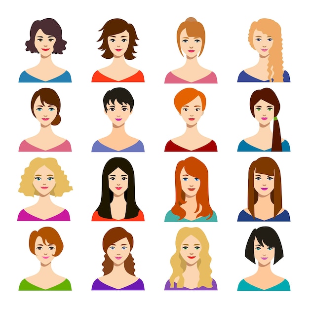 caricatura, mujer, peinados, iconos, conjunto, vector