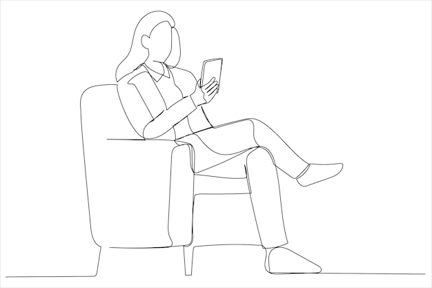 Caricatura de una mujer que usa un teléfono móvil con una nueva aplicación sentada en un sillón Estilo de arte de línea continua única
