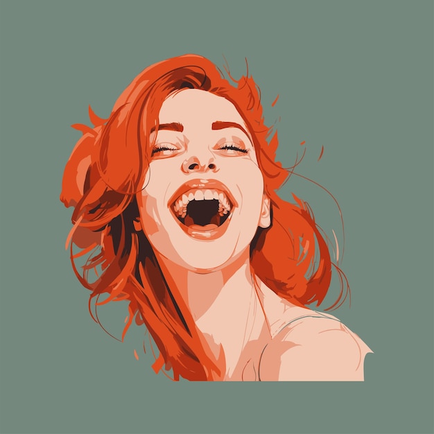 Una caricatura de una mujer riendo con cabello rojo.