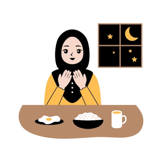 Vector una caricatura de una mujer sentada en una mesa con un plato de huevos y una taza de café.