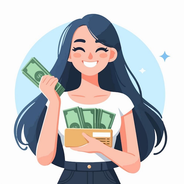 Vector una caricatura de una mujer sosteniendo un montón de dinero