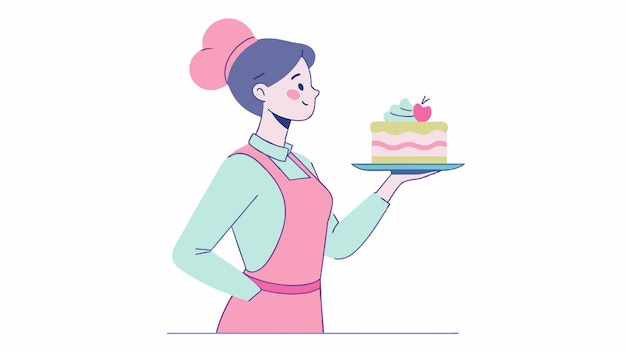 una caricatura de una mujer sosteniendo un plato con un pastel en él
