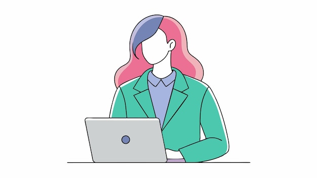 una caricatura de una mujer trabajando en una computadora portátil con cabello rosa