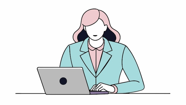 una caricatura de una mujer trabajando en una computadora portátil con un hombre en un traje en la pantalla